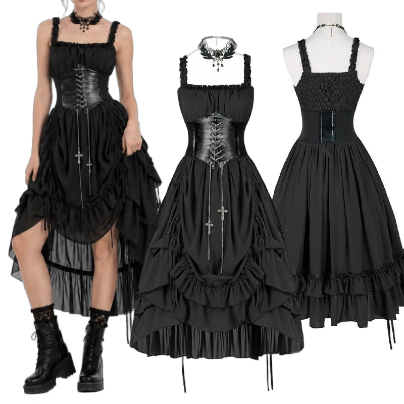 فستان نسائي قوطي أسود بتصميم ك - مراجعة Medieval Renaissance Dress Women وسعره